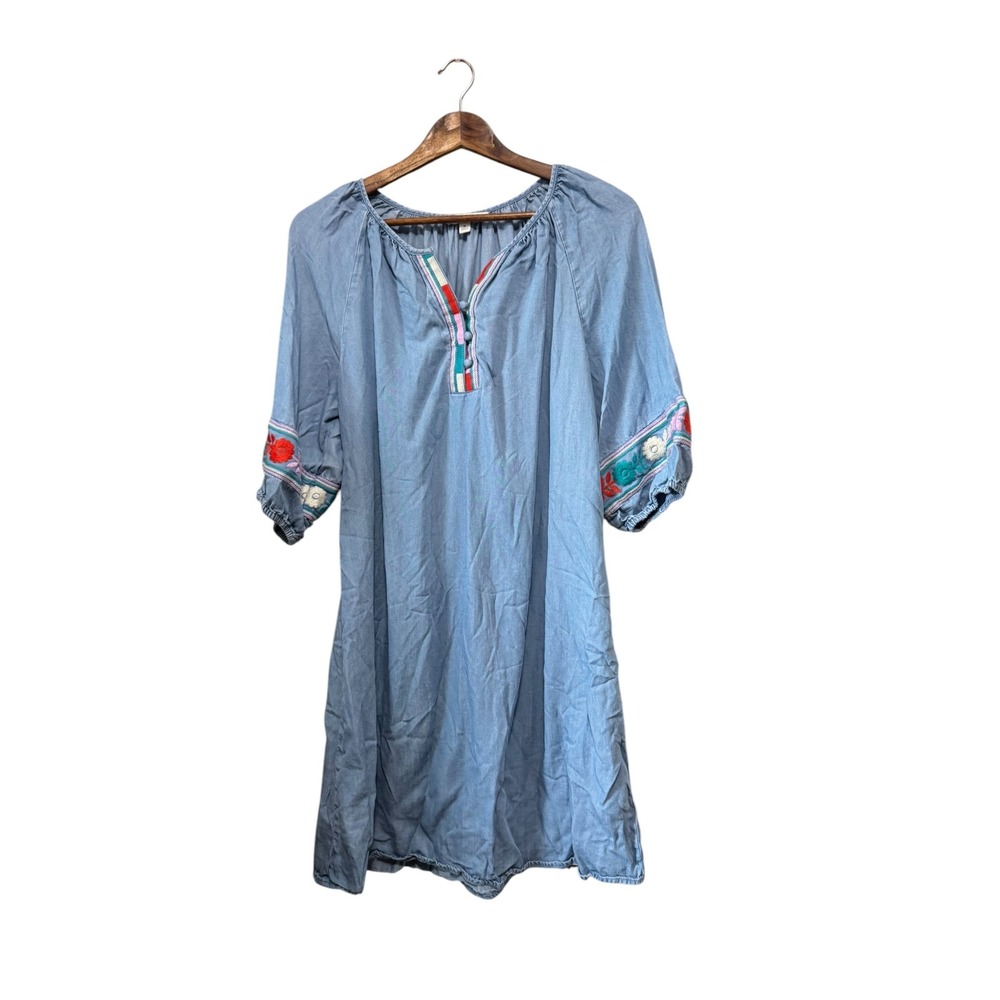 Pioneer Woman Dress Womens M Blue Excellent Embroidered Chambray Lyocell Boho